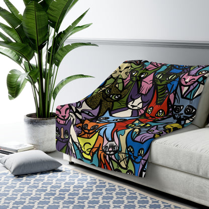 Whimsical 'Cozy Crowd' Cat Sherpa Blanket - Cozy Cat Lover Gift for Home Decor, Living Room Blanket, Cute Cat-Themed Gift, Super Soft
