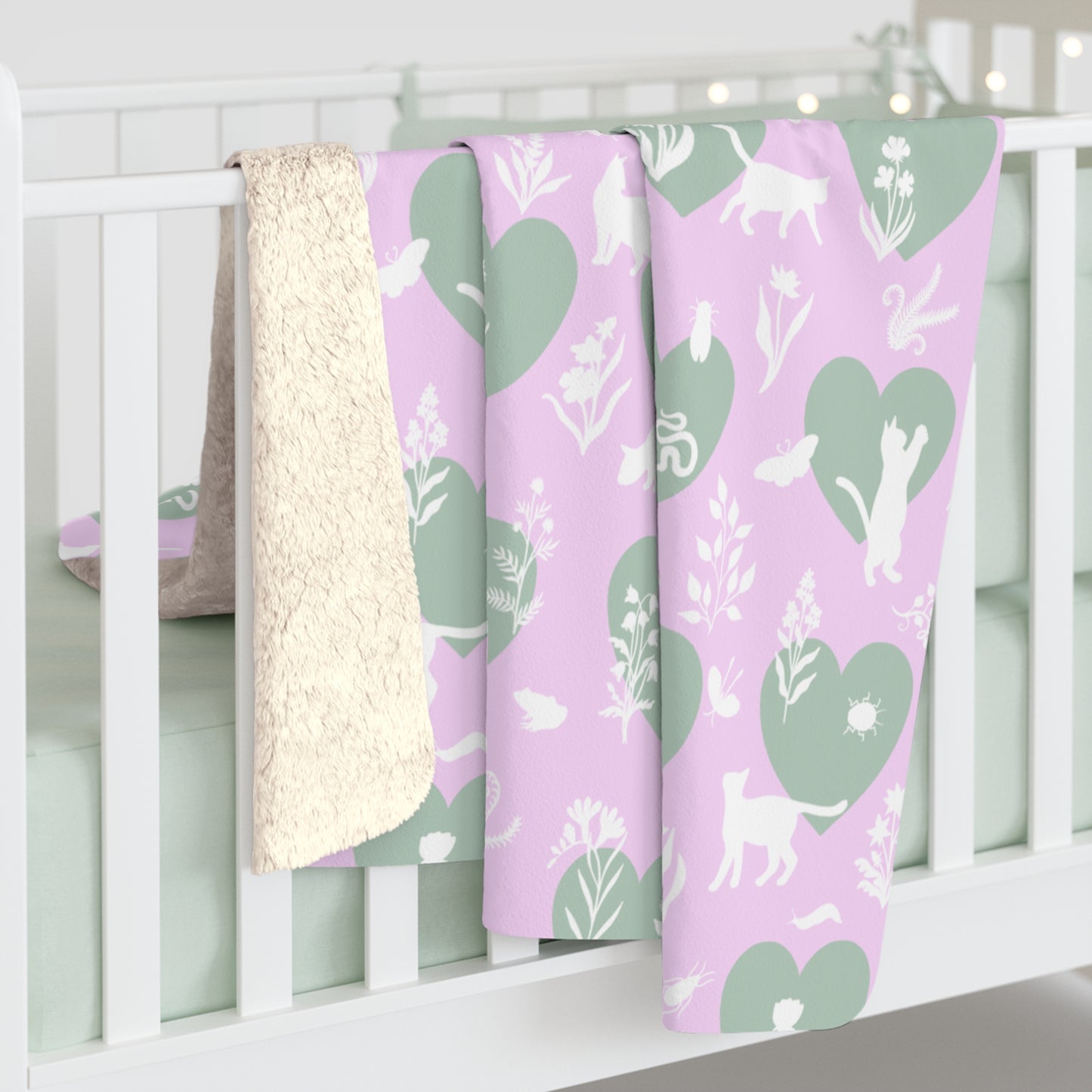 'Heart Cats' Sherpa Fleece Blanket, Pink&Seafoam