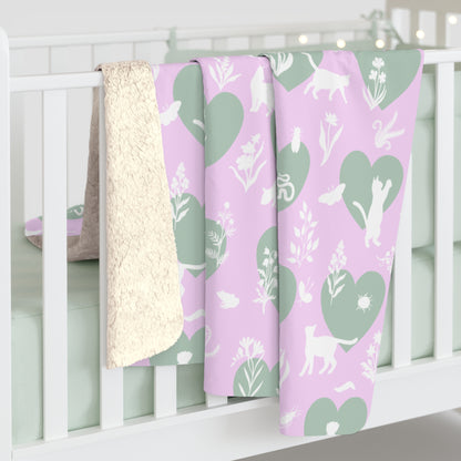 'Heart Cats' Sherpa Fleece Blanket, Pink&Seafoam