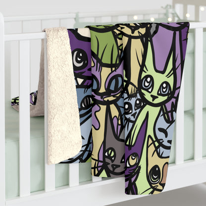 Super Soft Sherpa Fleece Blanket, 'Cozy Crowd' in Purple and Green