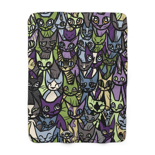 Super Soft Sherpa Fleece Blanket, 'Cozy Crowd' in Purple and Green