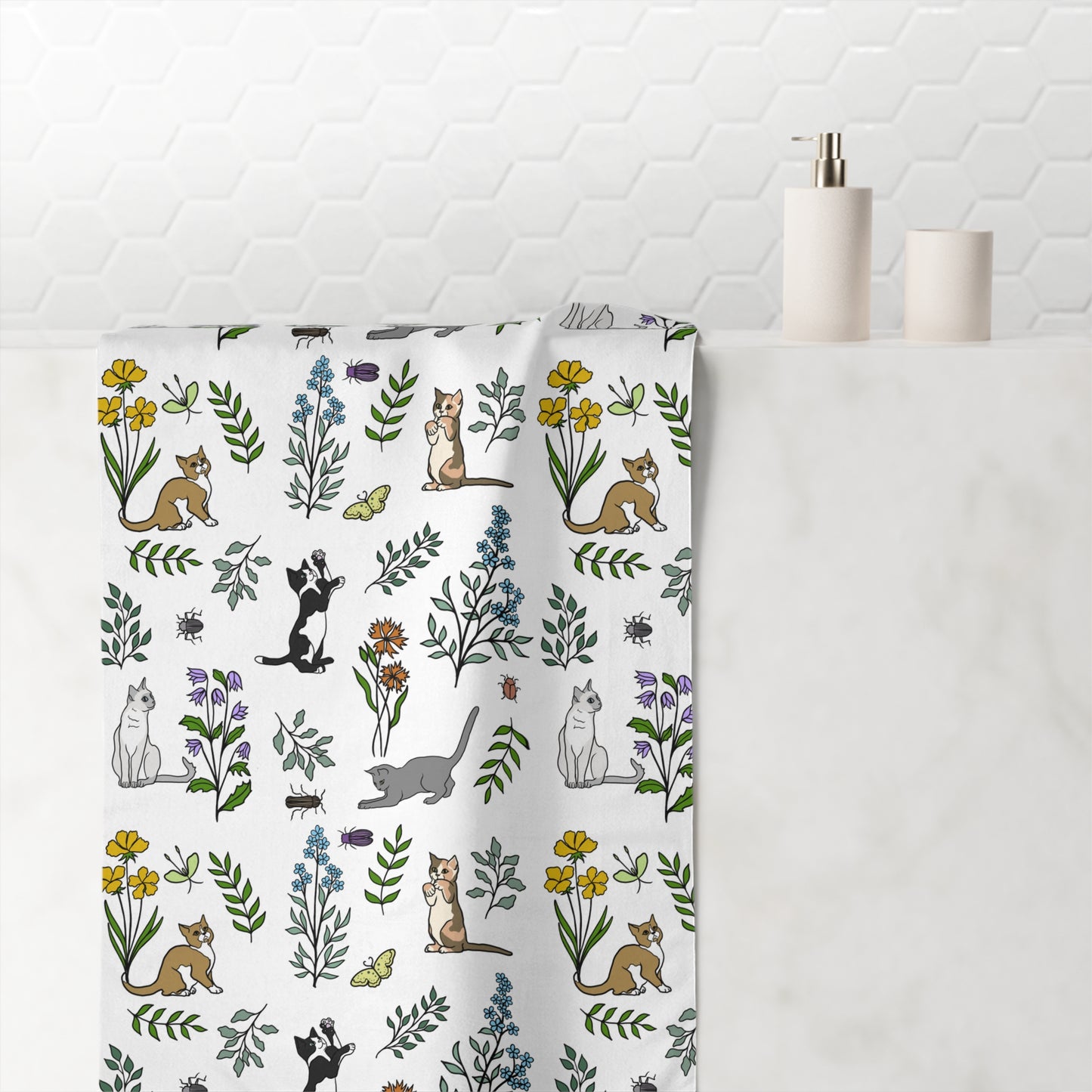Charming Spring Meadow Kittens Towel, Cat Lover Gift, Botanical Print Towel, Soft Mink-Cotton Towel, Home Décor, Cute Animal Towel