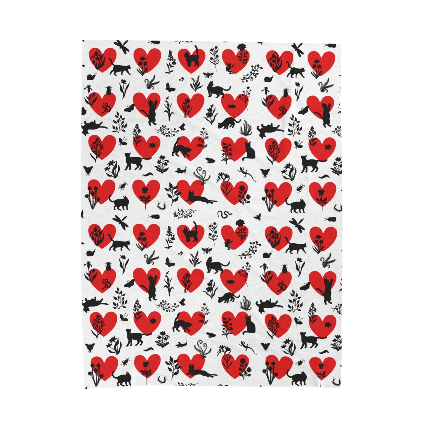 Adorable 'Heart Cats' Velveteen Plush Blanket, White&Red