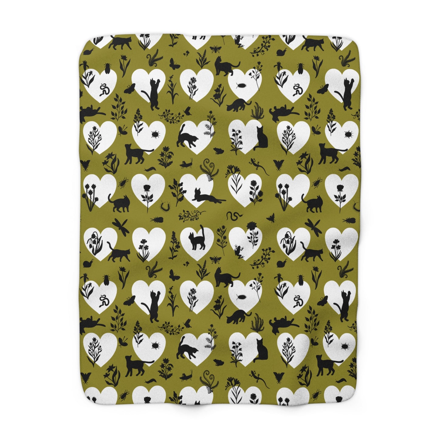 'Heart Cats' Sherpa Fleece Blanket, Olive