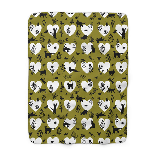 'Heart Cats' Sherpa Fleece Blanket, Olive