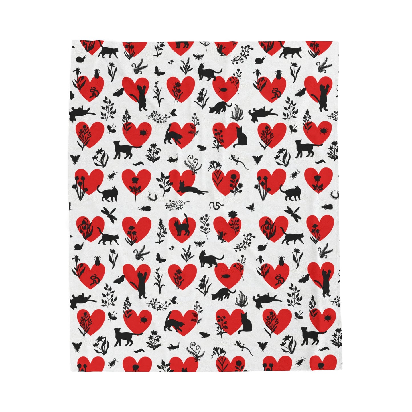 Adorable 'Heart Cats' Velveteen Plush Blanket, White&Red