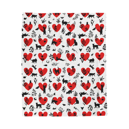 Adorable 'Heart Cats' Velveteen Plush Blanket, White&Red