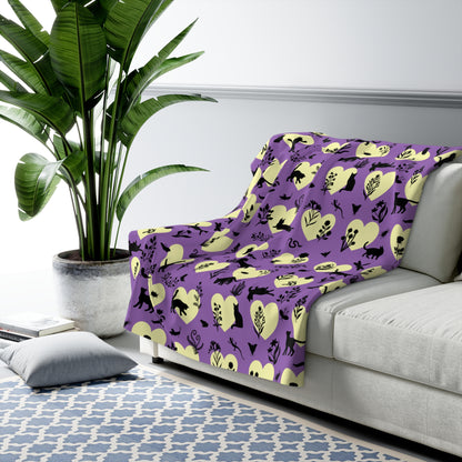'Heart Cats' Sherpa Fleece Blanket, Witchy Purple&Yellow