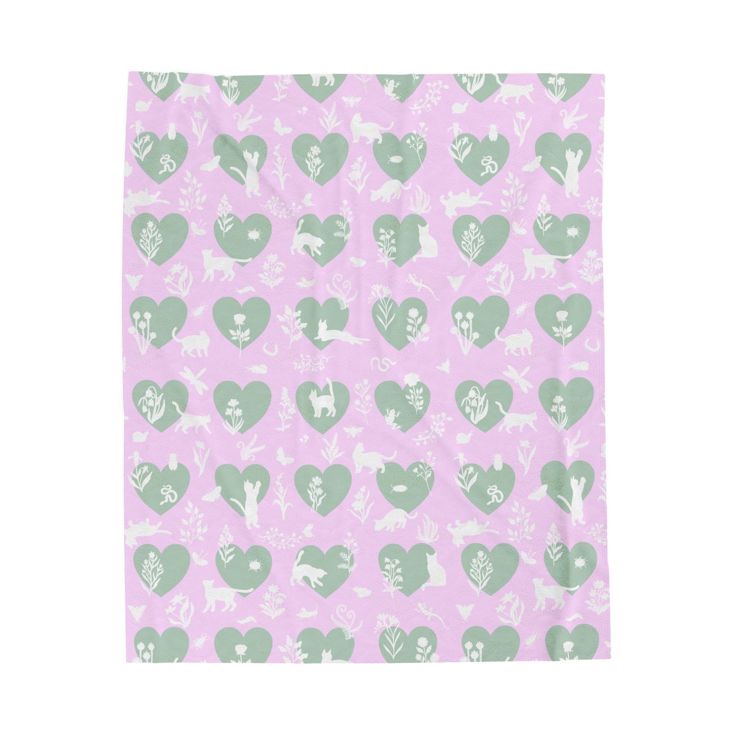 Adorable 'Heart Cats' Velveteen Plush Blanket, Pink&Seafoam