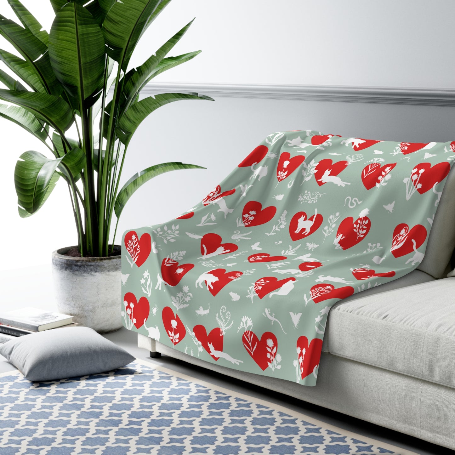 'Heart Cats' Sherpa Fleece Blanket, Seafoam&Red