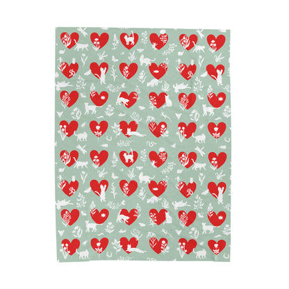 Adorable 'Heart Cats 'Velveteen Plush Blanket,  Seafoam&Red