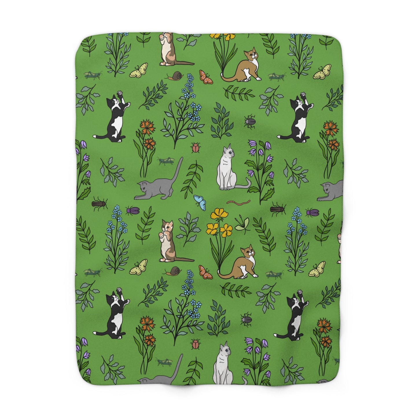 Cozy Spring Cats at Play Fleece Blanket in Grass Green, Super Soft, Floral Sherpa Throw, Perfect for Cat Lovers, Home Decor, Gift for Her